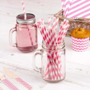 Trinkhalme pink-weiß gestreift aus Pappe (20 Stk.)