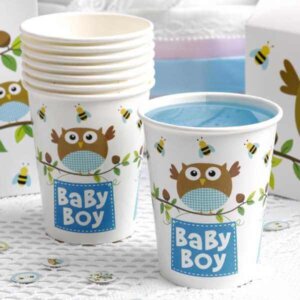 Pappbecher - Kleine Eule "Baby Boy" in blau (8 Stk.)