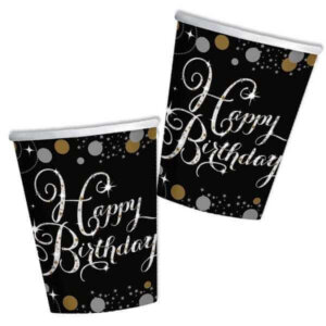 Pappbecher - "Happy Birthday"  in schwarz-gold (8 Stk.)