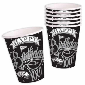 Pappbecher - "Happy Birthday to you", schwarz-weiß (18 Stk.)