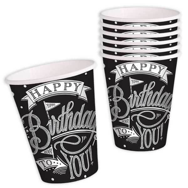 Pappbecher - "Happy Birthday to you", schwarz-weiß (18 Stk.)