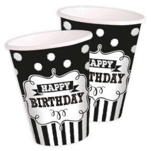 Pappbecher - "Happy Birthday"  in schwarz-weiß (8 Stk.)